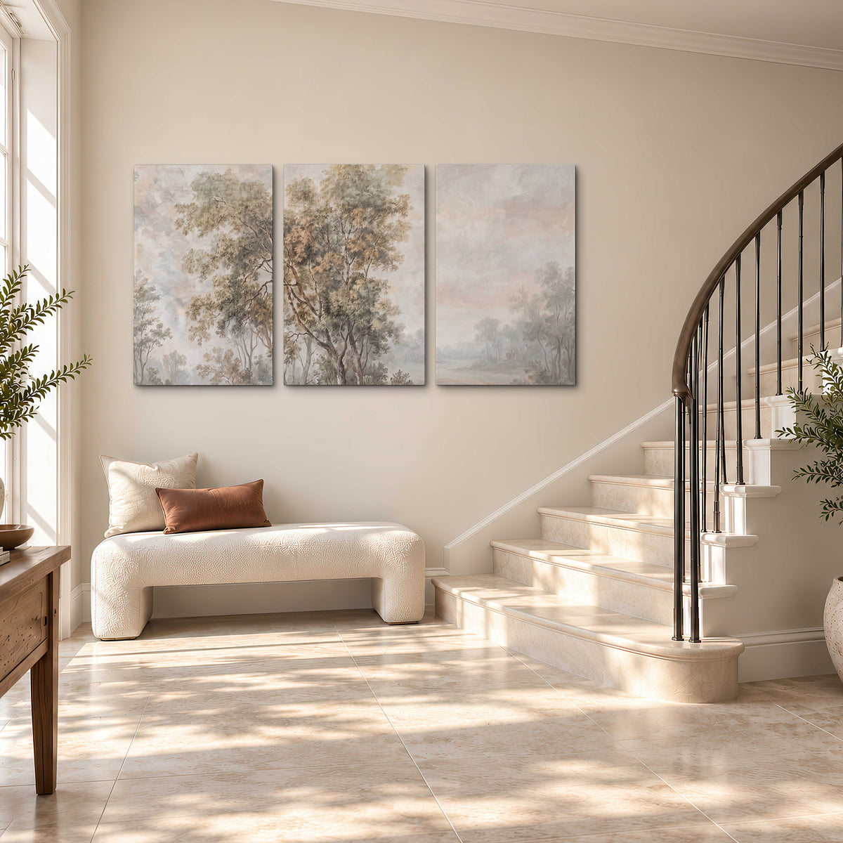 Delicate golden foliage and a hazy pastel countryside 3 piece canvas wall art styled in an interior