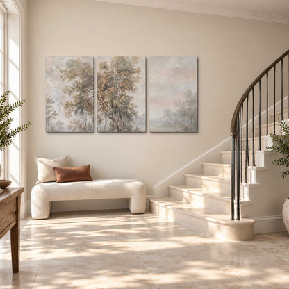 Delicate golden foliage and a hazy pastel countryside 3 piece canvas wall art styled in an interior