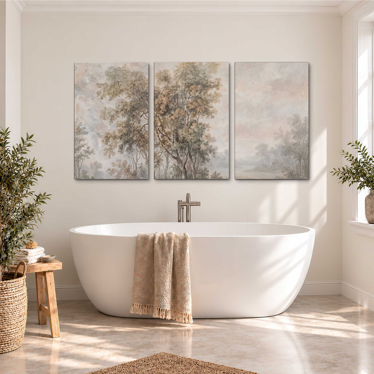 Delicate golden foliage and a hazy pastel countryside 3 piece canvas wall art styled in an interior