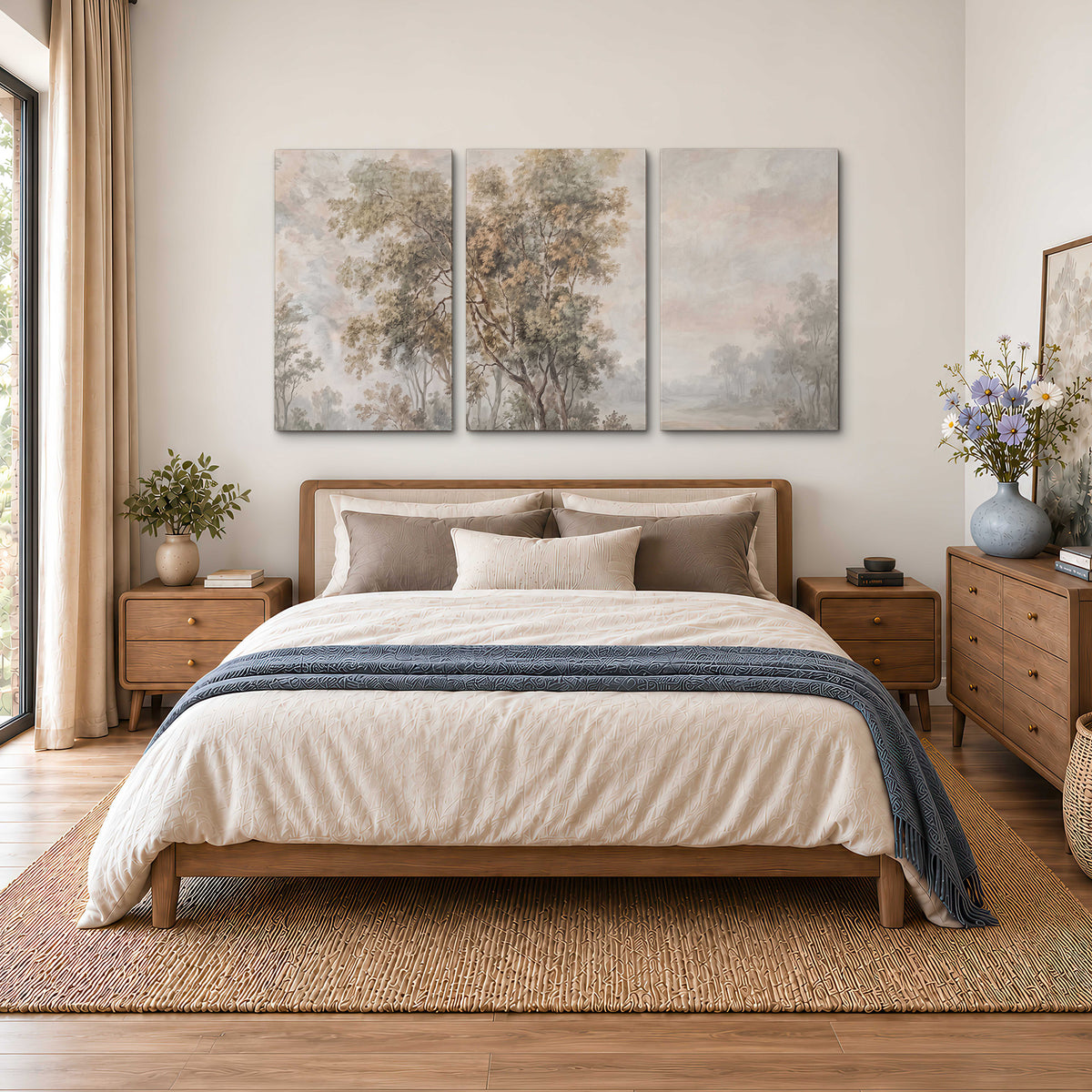 Delicate golden foliage and a hazy pastel countryside 3 piece canvas wall art styled in an interior