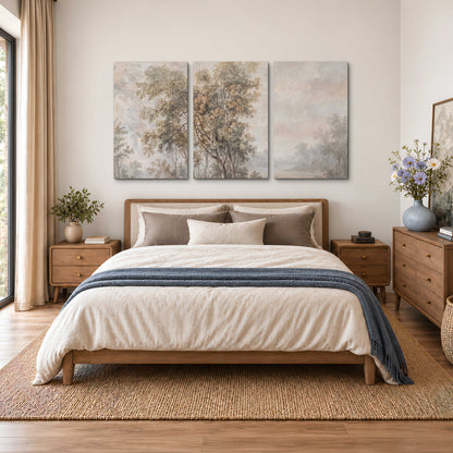Delicate golden foliage and a hazy pastel countryside 3 piece canvas wall art styled in an interior