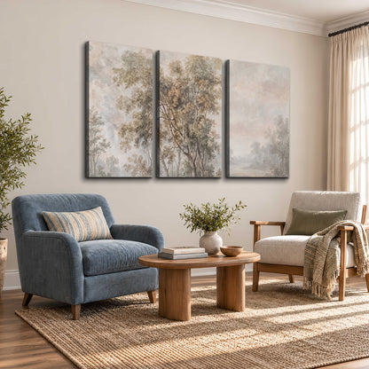 Delicate golden foliage and a hazy pastel countryside 3 piece canvas wall art styled in an interior