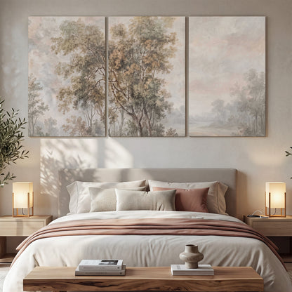 Delicate golden foliage and a hazy pastel countryside 3 piece canvas wall art displayed in a bedroom