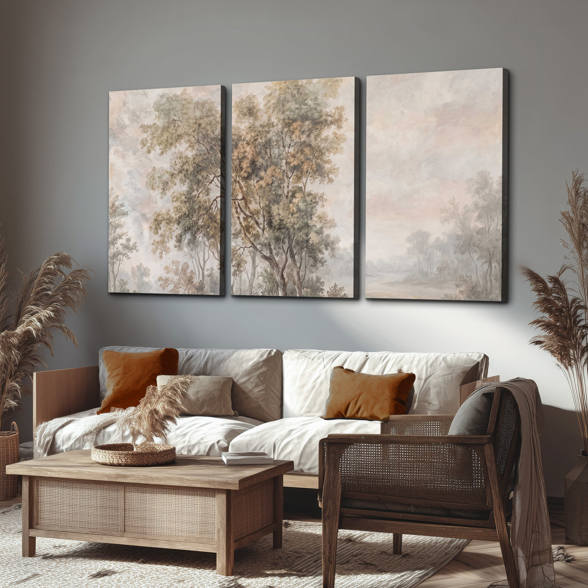 Delicate golden foliage and a hazy pastel countryside 3 piece canvas wall art displayed in a rustic living room