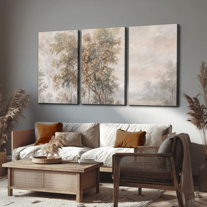 Delicate golden foliage and a hazy pastel countryside 3 piece canvas wall art displayed in a rustic living room