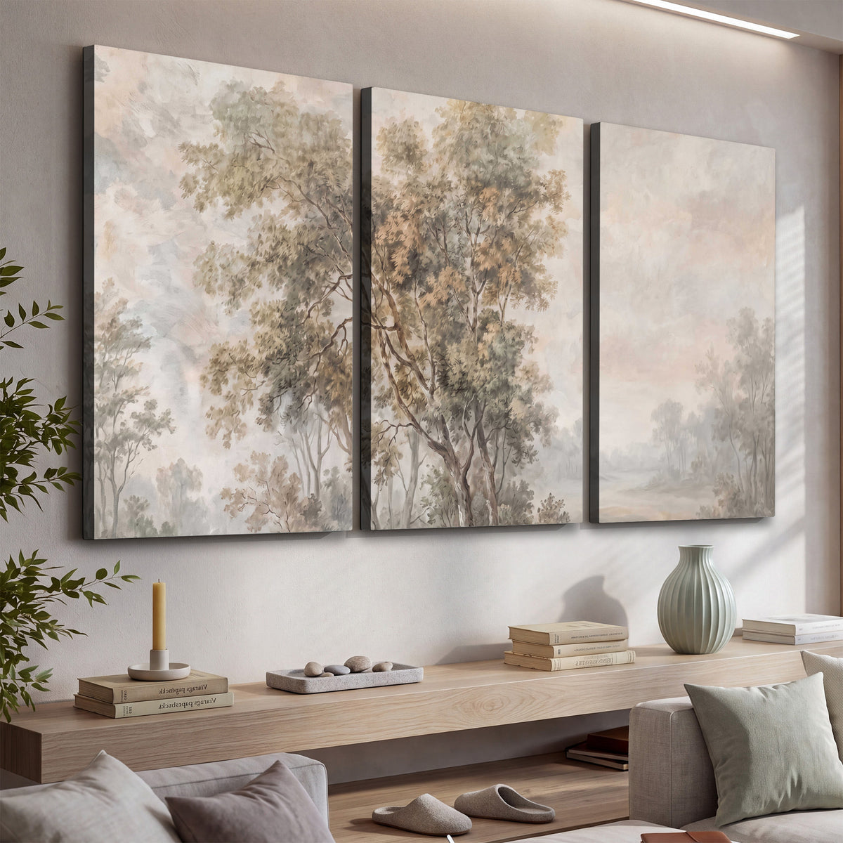 Delicate golden foliage and a hazy pastel countryside 3 piece canvas wall art displayed in a console
