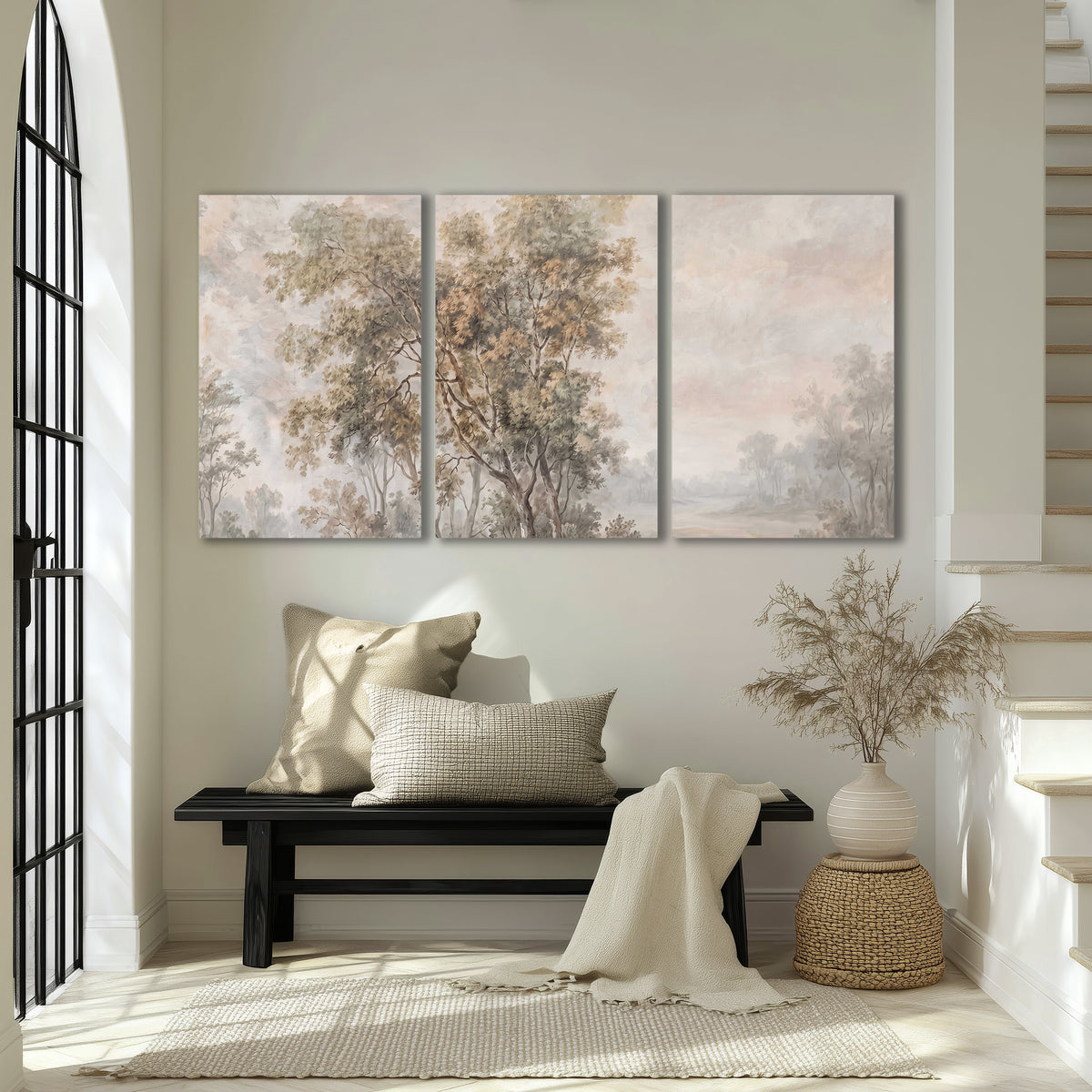 Delicate golden foliage and a hazy pastel countryside 3 piece canvas wall art displayed in a entryway