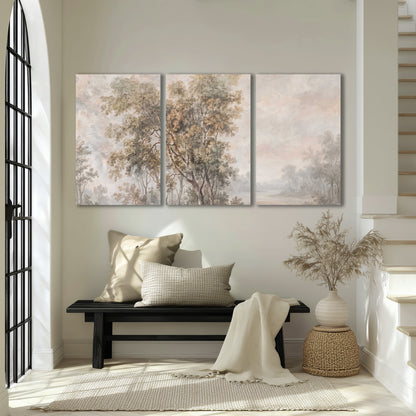 Delicate golden foliage and a hazy pastel countryside 3 piece canvas wall art displayed in a entryway