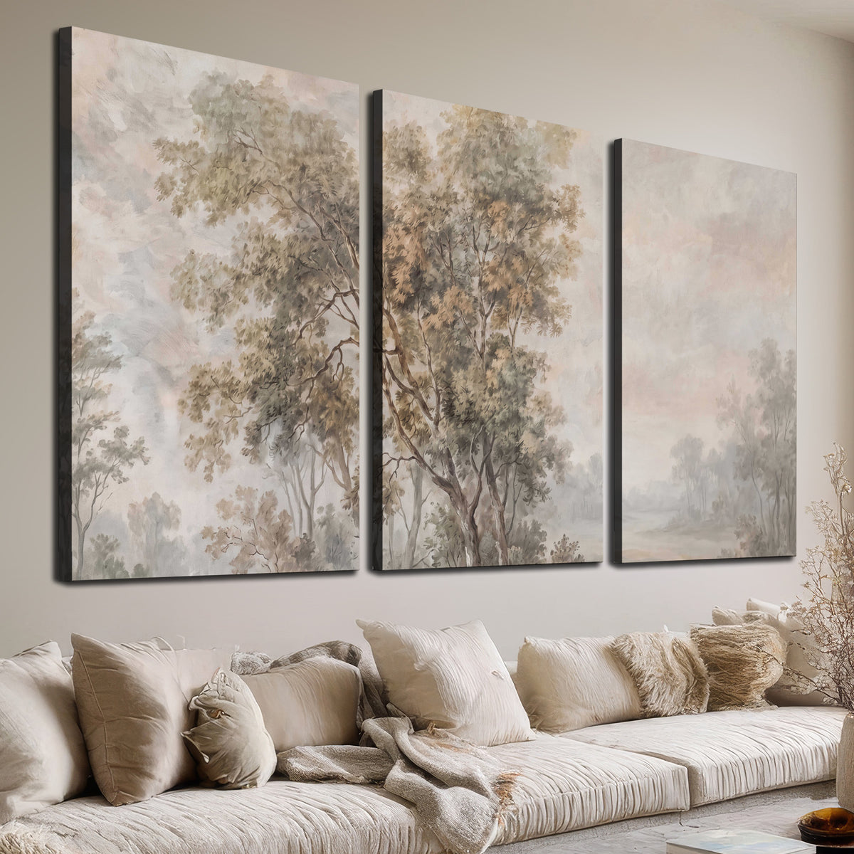 Delicate golden foliage and a hazy pastel countryside 3 piece canvas wall art room and product view