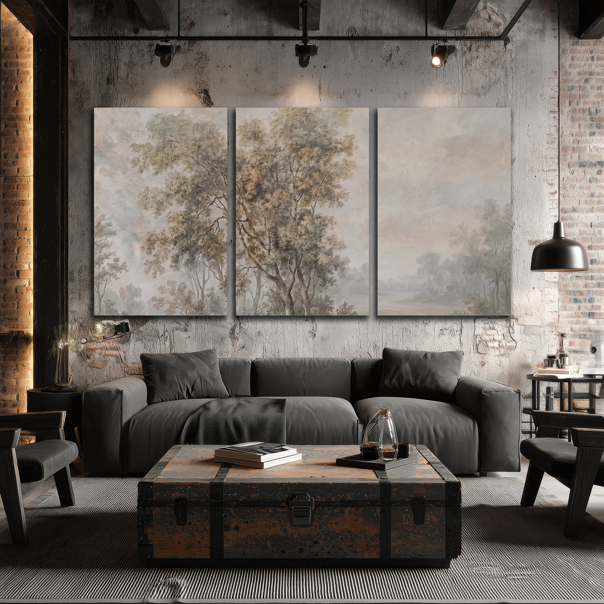 Delicate golden foliage and a hazy pastel countryside 3 piece canvas wall art displayed in a industrial room