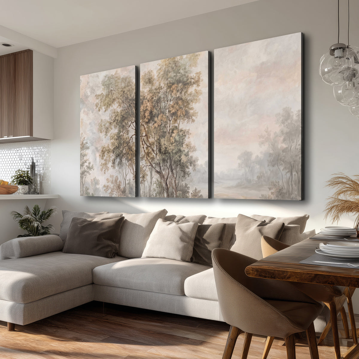 Delicate golden foliage and a hazy pastel countryside 3 piece canvas wall art room and product view
