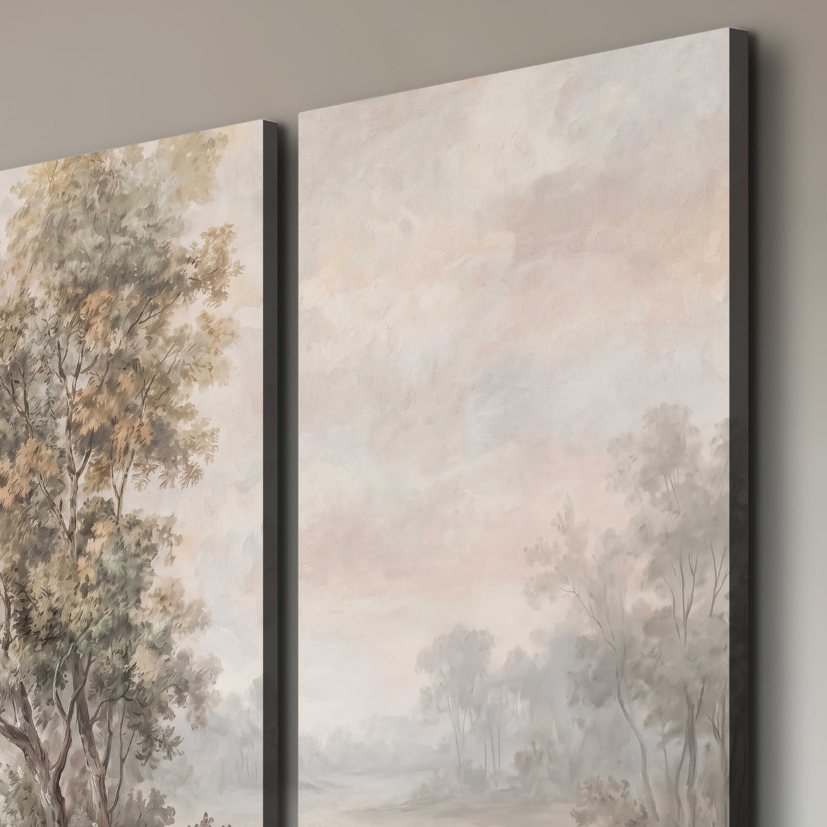 Delicate golden foliage and a hazy pastel countryside 3 piece canvas wall art room and product view
