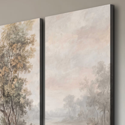 Delicate golden foliage and a hazy pastel countryside 3 piece canvas wall art room and product view