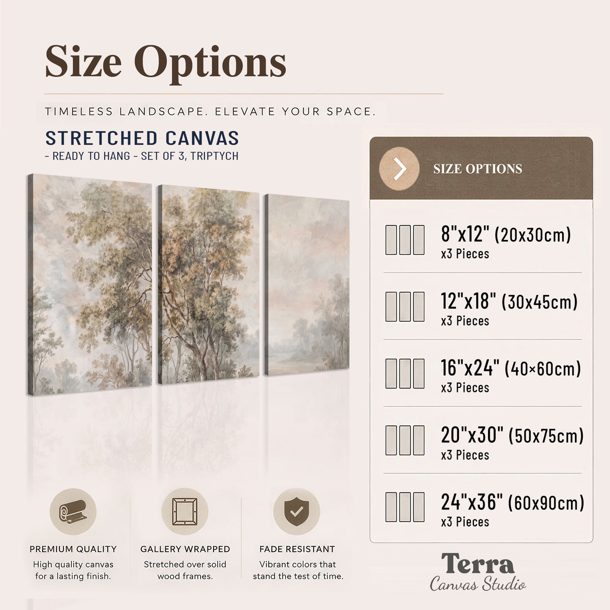 Delicate golden foliage and a hazy pastel countryside 3 piece canvas wall art available dimensions; triptych dimensions are per panel
