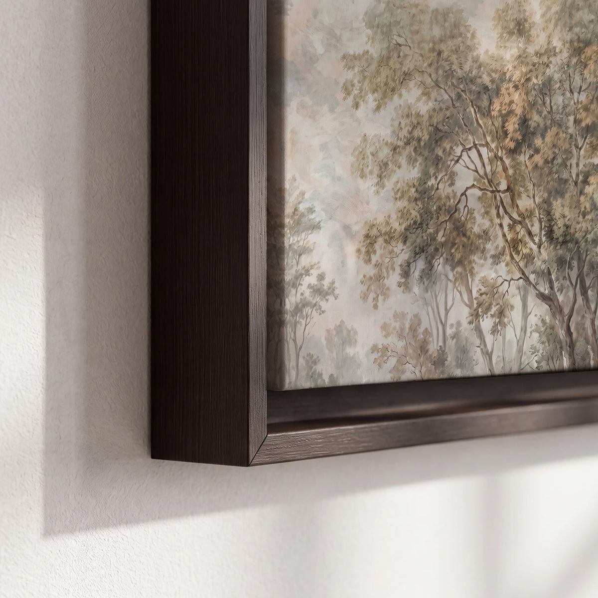 Delicate golden foliage and a hazy pastel countryside 3 piece framed canvas wall art material and edge close up