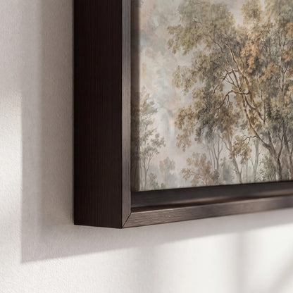 Delicate golden foliage and a hazy pastel countryside 3 piece framed canvas wall art material and edge close up