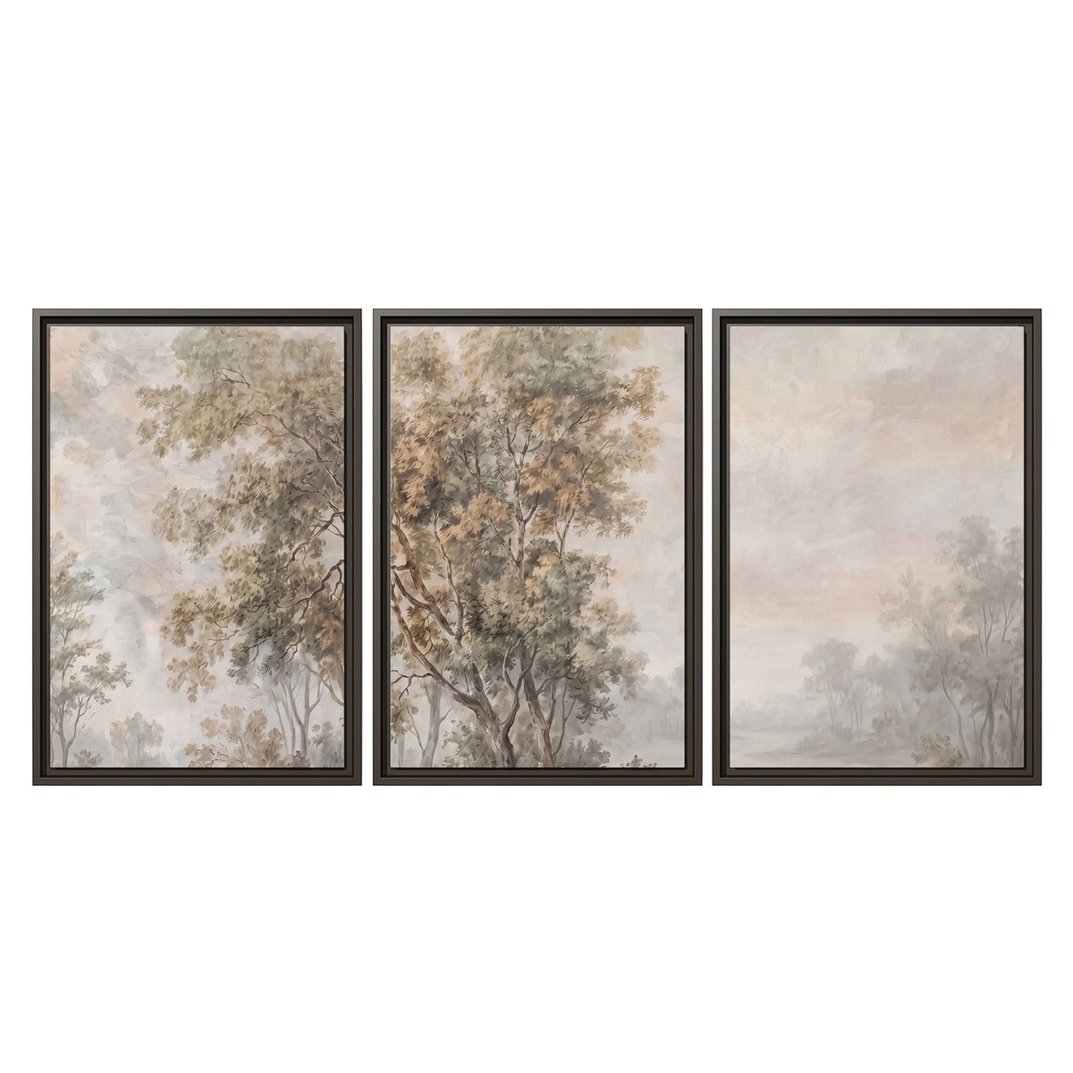Delicate golden foliage and a hazy pastel countryside 3 piece framed canvas wall art viewed straight on