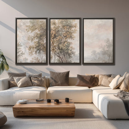 Delicate golden foliage and a hazy pastel countryside 3 piece framed canvas wall art displayed in a living room