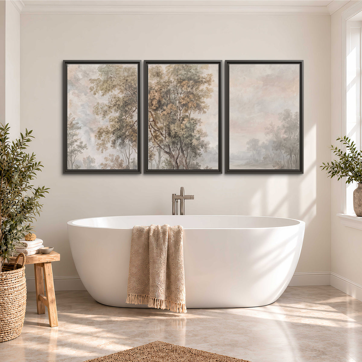 Delicate golden foliage and a hazy pastel countryside 3 piece framed canvas wall art styled in an interior