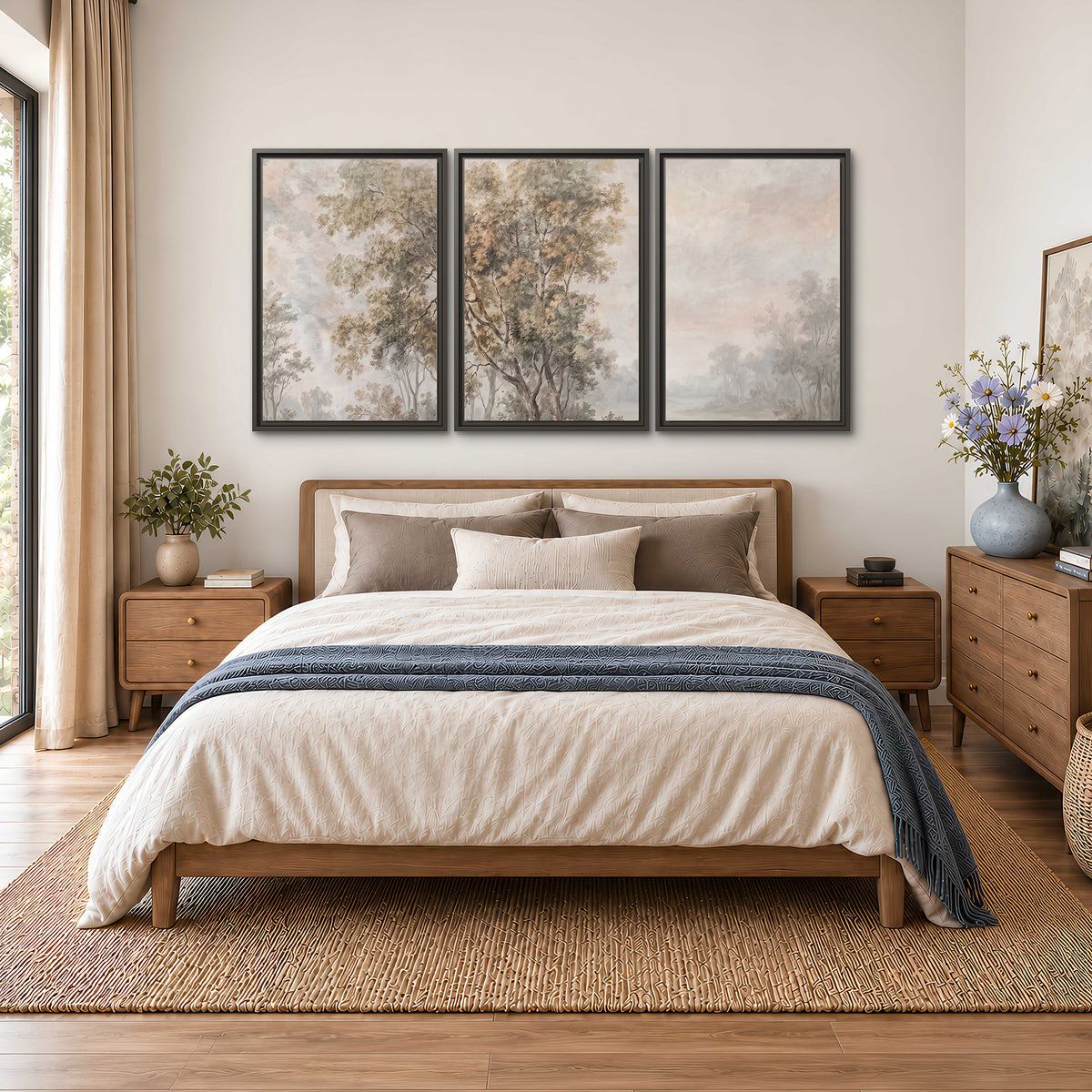 Delicate golden foliage and a hazy pastel countryside 3 piece framed canvas wall art styled in an interior