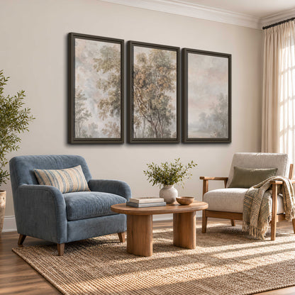 Delicate golden foliage and a hazy pastel countryside 3 piece framed canvas wall art styled in an interior