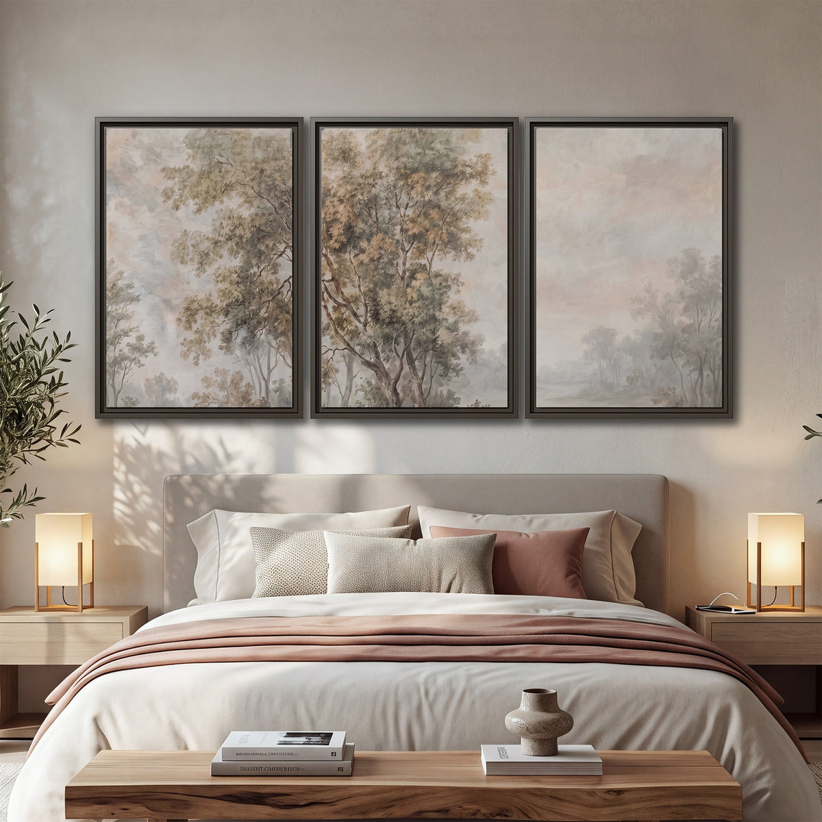 Delicate golden foliage and a hazy pastel countryside 3 piece framed canvas wall art displayed in a bedroom