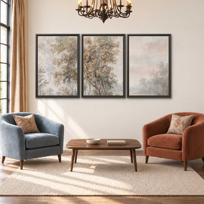 Delicate golden foliage and a hazy pastel countryside 3 piece framed canvas wall art styled in an interior