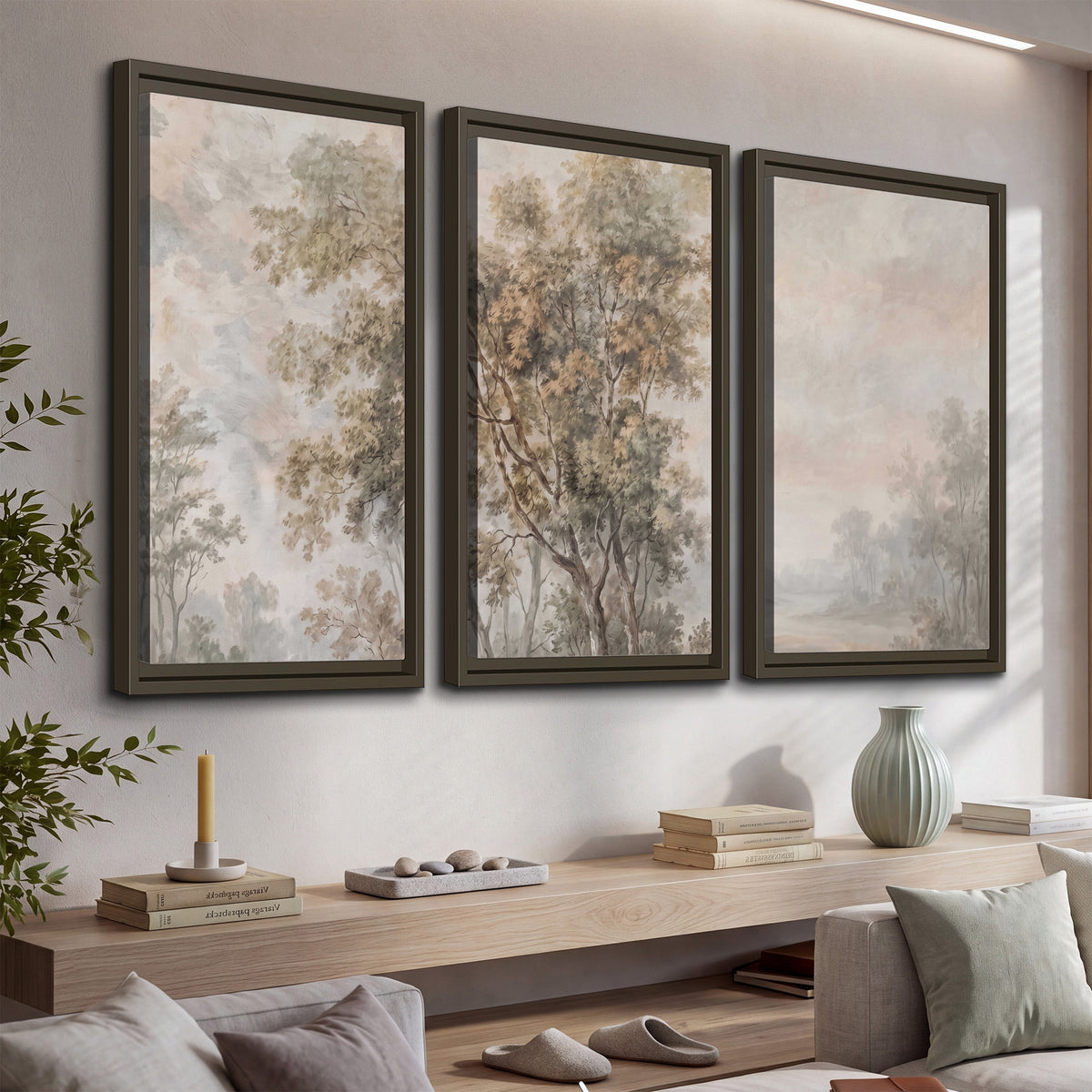 Delicate golden foliage and a hazy pastel countryside 3 piece framed canvas wall art displayed in a console