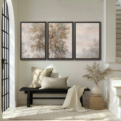 Delicate golden foliage and a hazy pastel countryside 3 piece framed canvas wall art displayed in a entryway