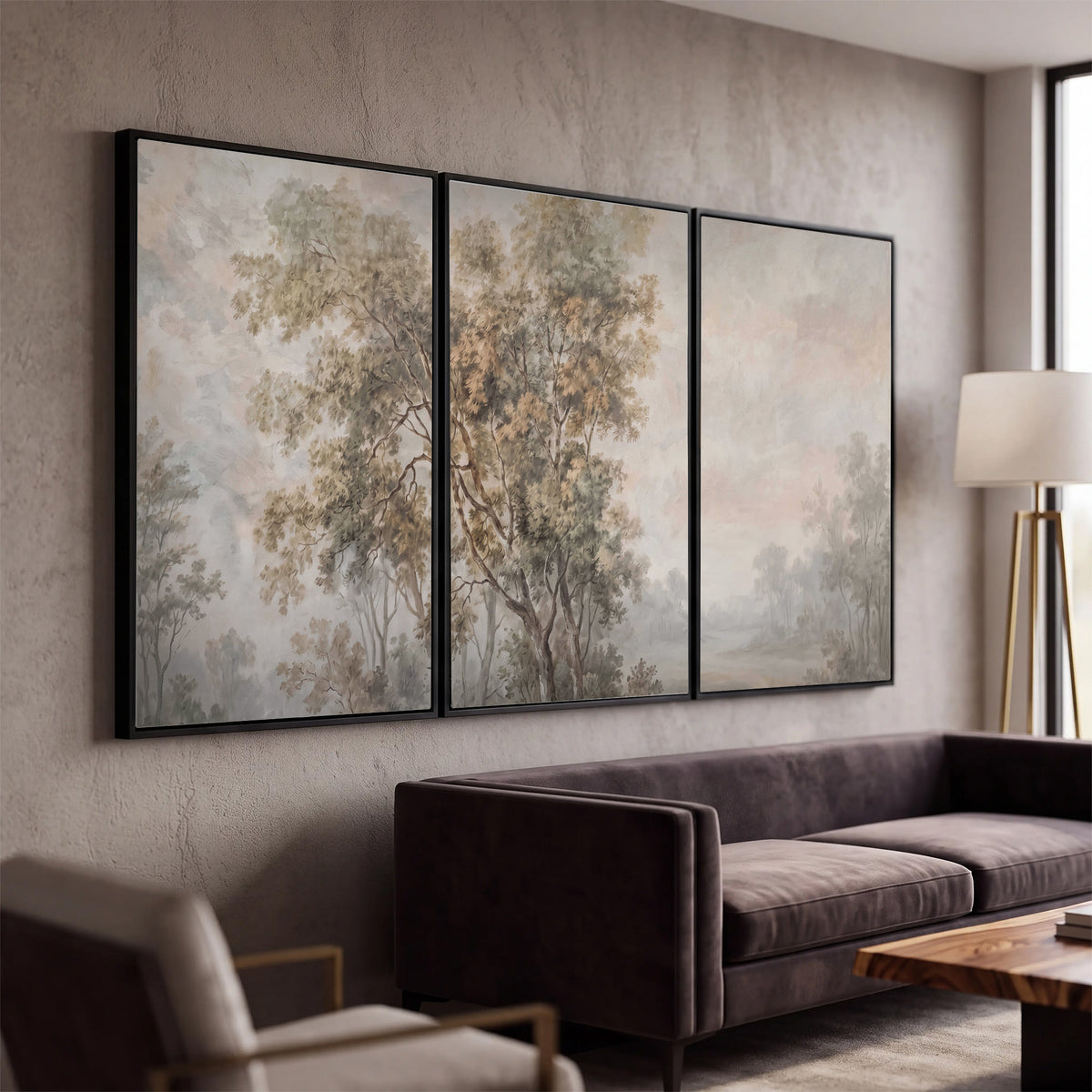 Delicate golden foliage and a hazy pastel countryside 3 piece framed canvas wall art displayed in a modern living room