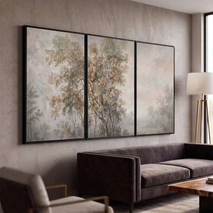 Delicate golden foliage and a hazy pastel countryside 3 piece framed canvas wall art displayed in a modern living room