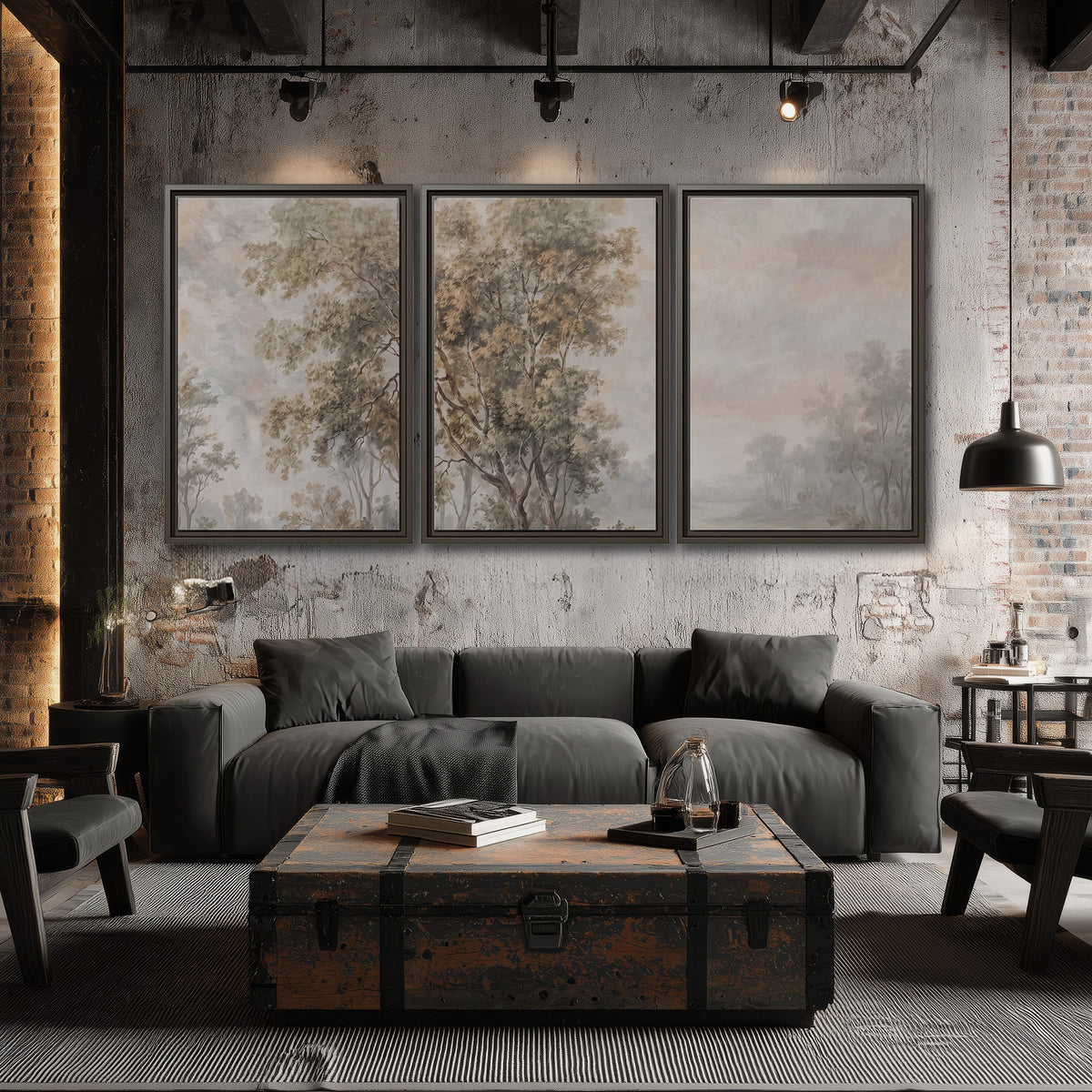 Delicate golden foliage and a hazy pastel countryside 3 piece framed canvas wall art displayed in a industrial room