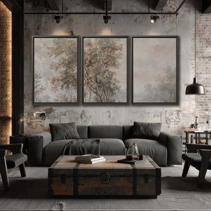 Delicate golden foliage and a hazy pastel countryside 3 piece framed canvas wall art displayed in a industrial room
