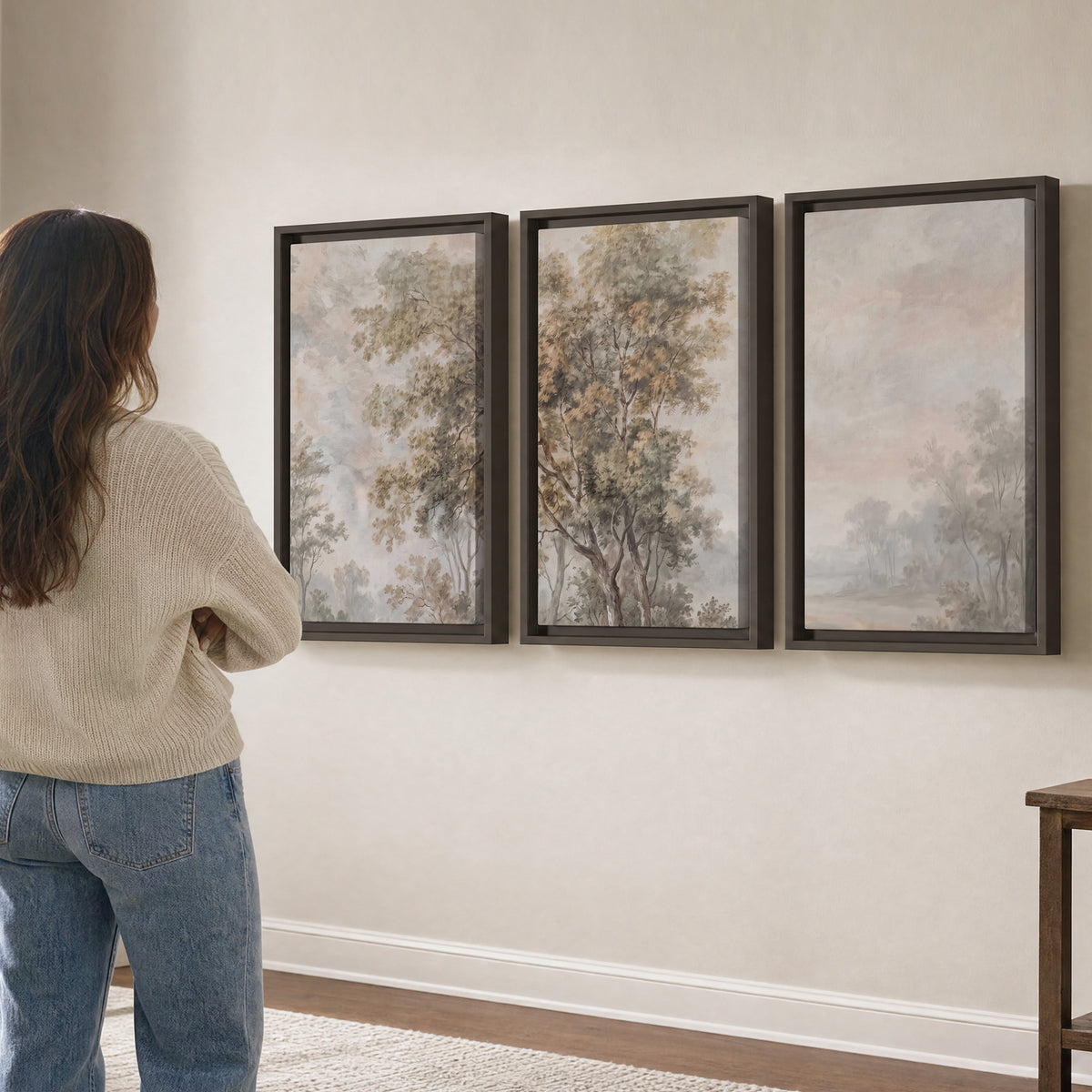 Delicate golden foliage and a hazy pastel countryside 3 piece framed canvas wall art three panel arrangement on a wall
