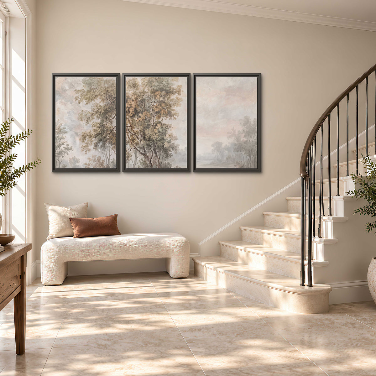 Delicate golden foliage and a hazy pastel countryside 3 piece framed canvas wall art styled in an interior