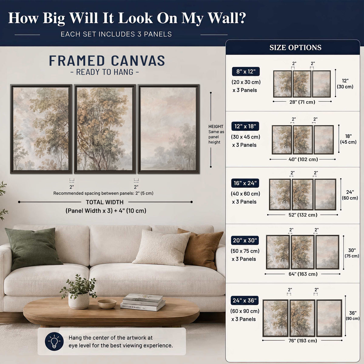 Delicate golden foliage and a hazy pastel countryside 3 piece framed canvas wall art size guide above a sofa; room view is illustrative