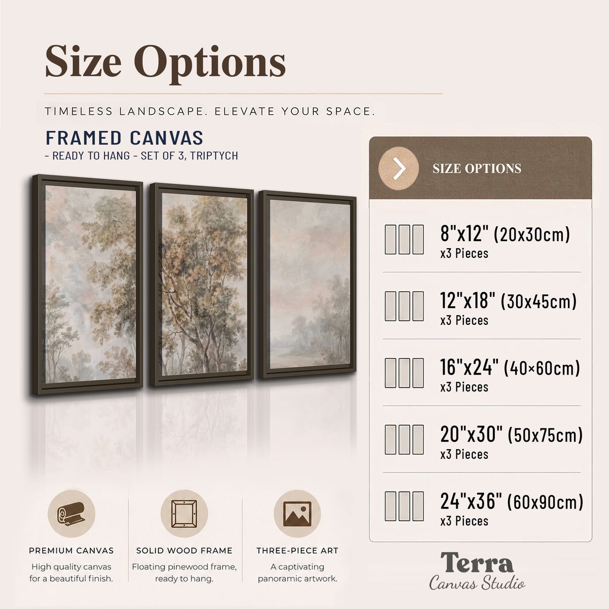 Delicate golden foliage and a hazy pastel countryside 3 piece framed canvas wall art available dimensions; triptych dimensions are per panel