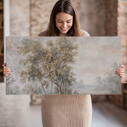 Delicate golden foliage and a hazy pastel countryside single canvas wall art held in hands