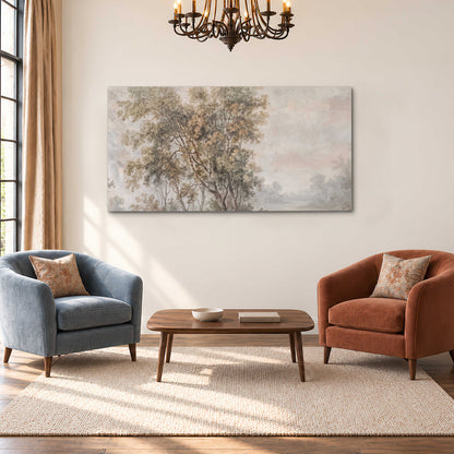 Delicate golden foliage and a hazy pastel countryside single canvas wall art styled in an interior