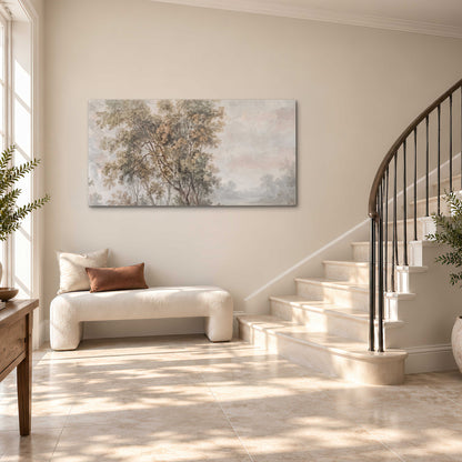 Delicate golden foliage and a hazy pastel countryside single canvas wall art styled in an interior