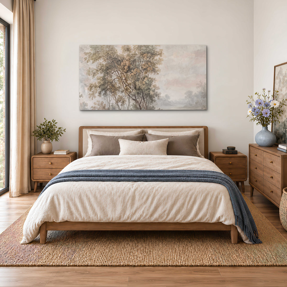 Delicate golden foliage and a hazy pastel countryside single canvas wall art styled in an interior