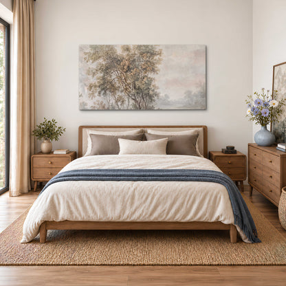 Delicate golden foliage and a hazy pastel countryside single canvas wall art styled in an interior