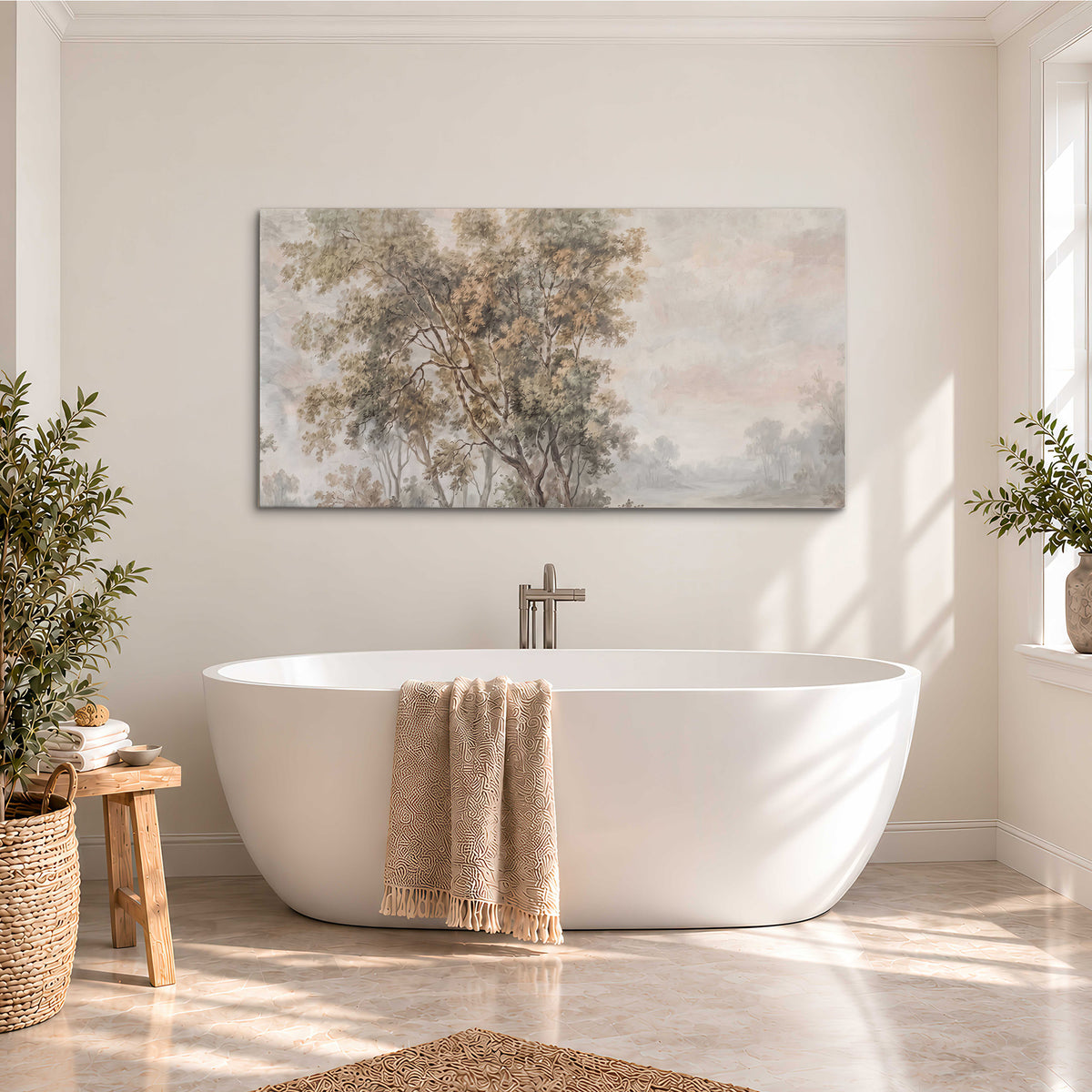 Delicate golden foliage and a hazy pastel countryside single canvas wall art styled in an interior