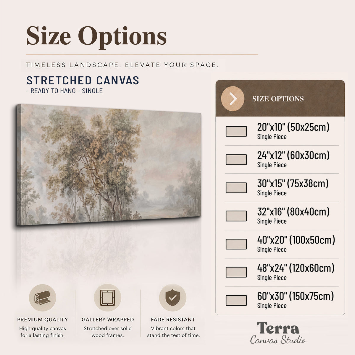 Delicate golden foliage and a hazy pastel countryside single canvas wall art available dimensions