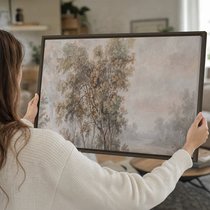 Delicate golden foliage and a hazy pastel countryside single framed canvas wall art held in hands