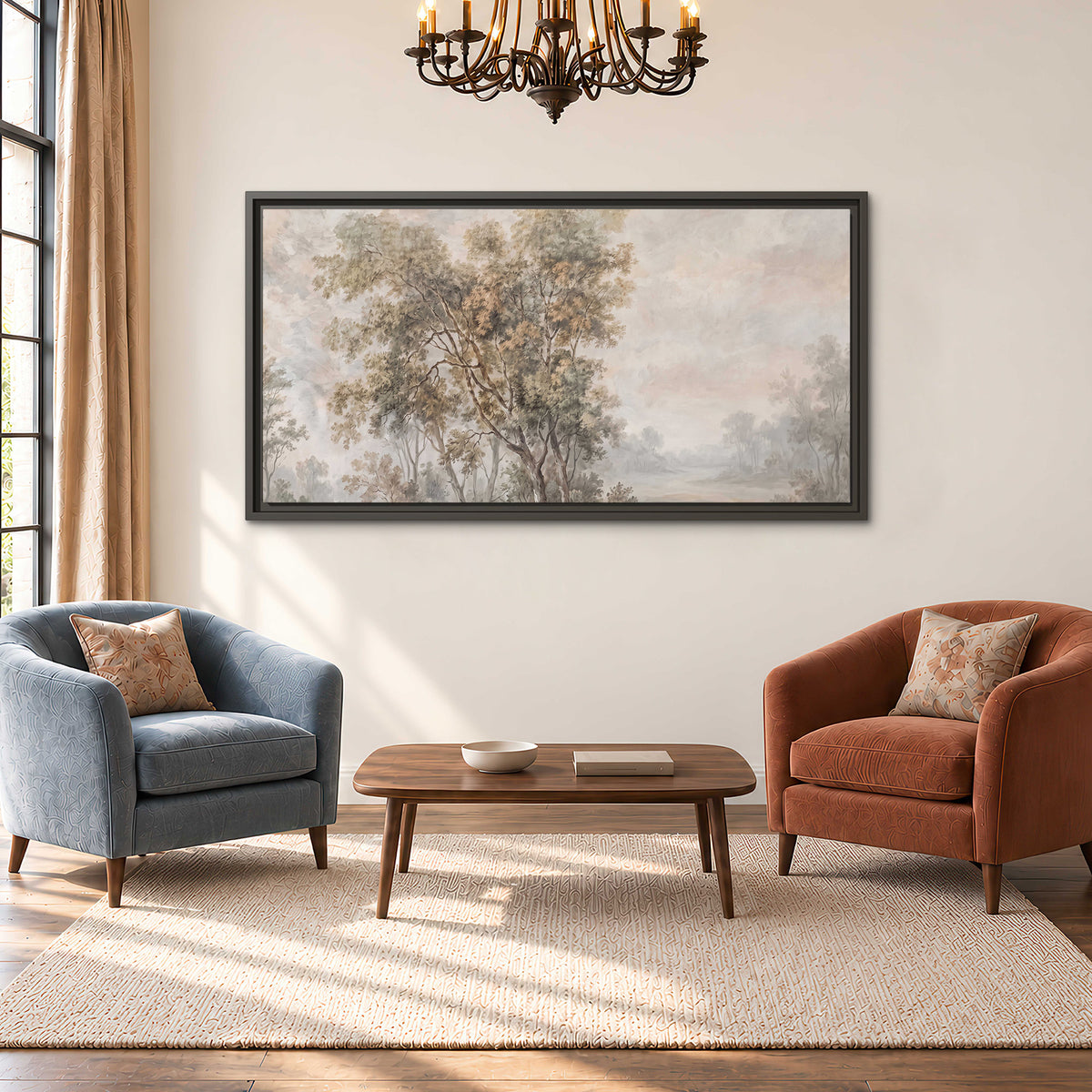 Delicate golden foliage and a hazy pastel countryside single framed canvas wall art styled in an interior