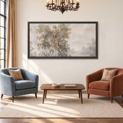 Delicate golden foliage and a hazy pastel countryside single framed canvas wall art styled in an interior
