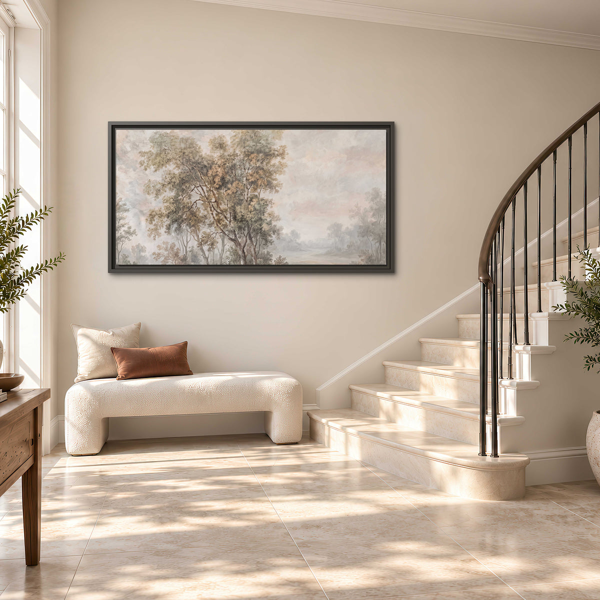 Delicate golden foliage and a hazy pastel countryside single framed canvas wall art styled in an interior