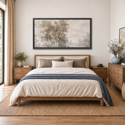 Delicate golden foliage and a hazy pastel countryside single framed canvas wall art styled in an interior