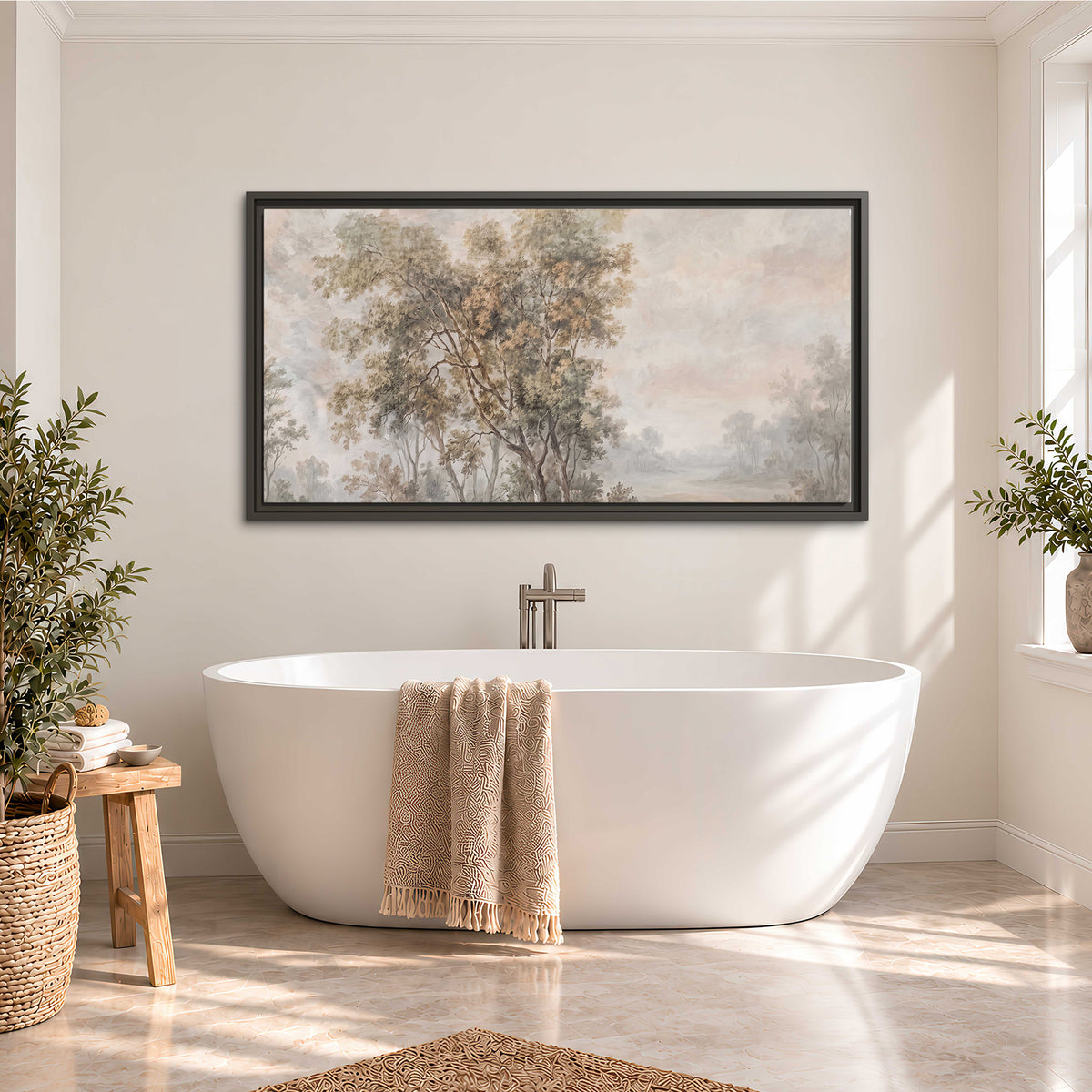 Delicate golden foliage and a hazy pastel countryside single framed canvas wall art styled in an interior